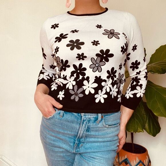 Alfred Dunner Floral Mod 60s style sweater flower power - Picture 2 of 13